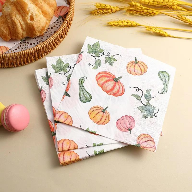 20Pcs/pack Thanksgiving Pumpkin Tissue Two Layer Printed Handkerchief Party Decoration Table Dinner Paper