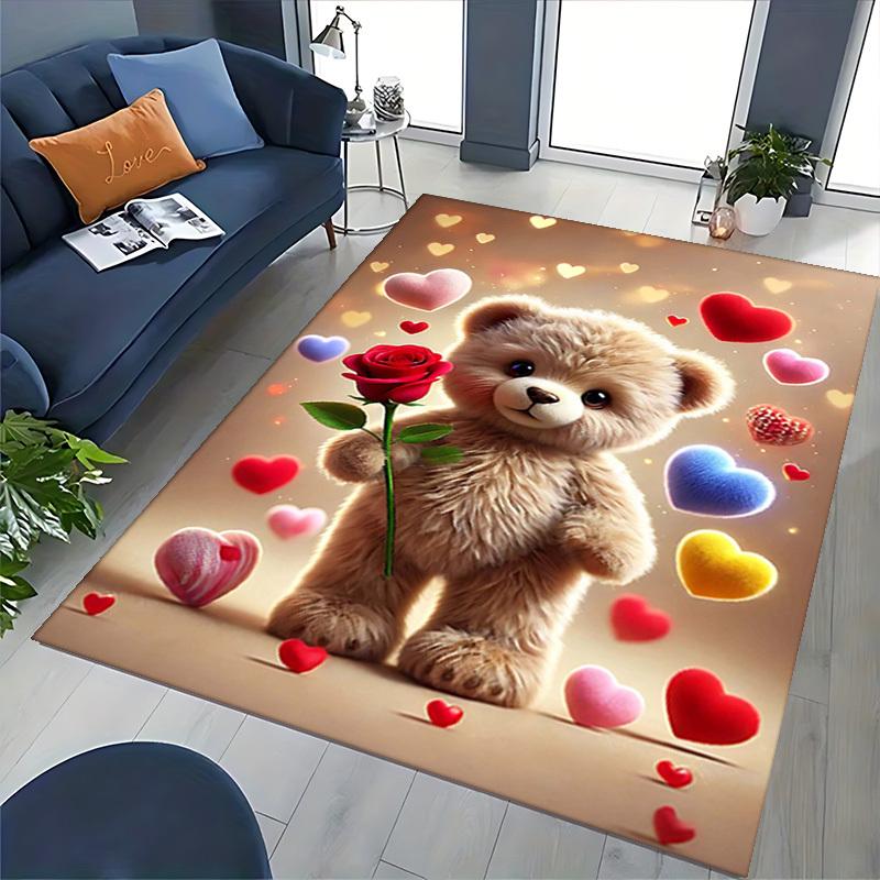 1pc Teddy Bear with Rose Chair Mat - Anime Cartoon Design, Valentine's Day Gift, Non-Slip Carpet for Office and Home Decor.C001