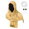 Medieval Style Hooded Cloak Scarf with Distressed Fabric and Metal Brooch Fastener for Cosplay LARP Renaissance Festival Costume Accessory