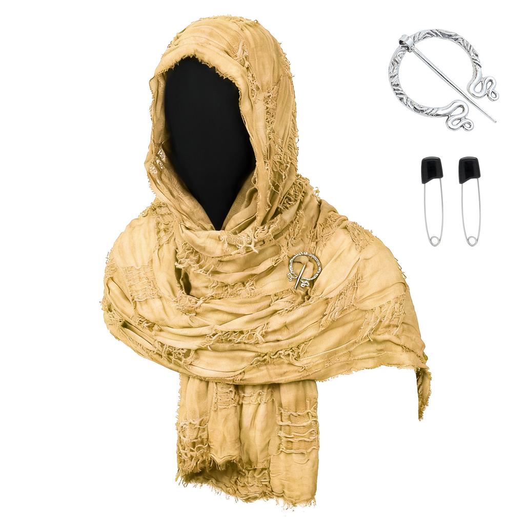 Medieval Style Hooded Cloak Scarf with Distressed Fabric and Metal Brooch Fastener for Cosplay LARP Renaissance Festival Costume Accessory