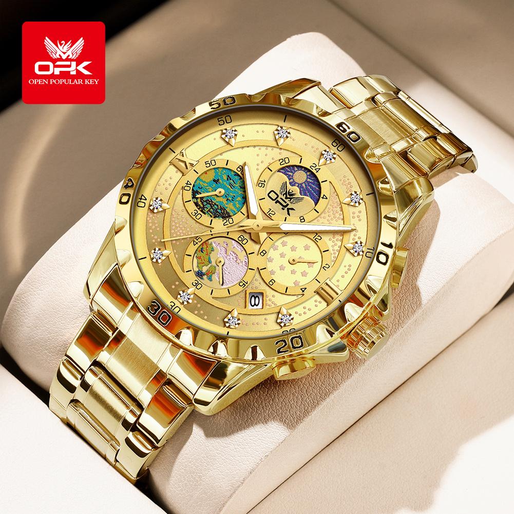 OPK 8175 multifunctional timing steel strip men's quartz watch