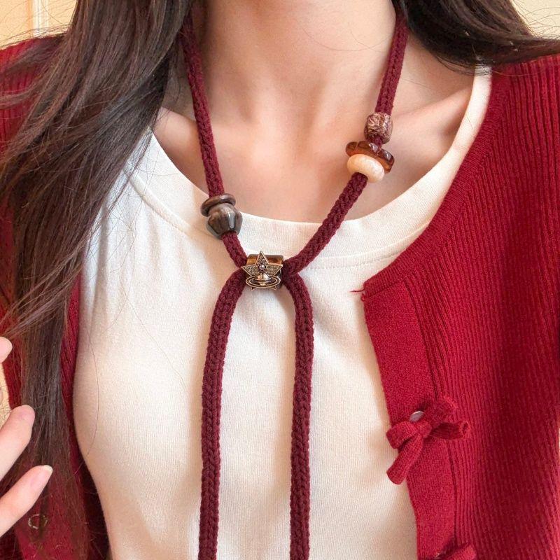 Rhinestone Star Pendant Necklace with Woolen Yarn and Wooden Beads - Women's Fashion Sweater Chain Jewelry