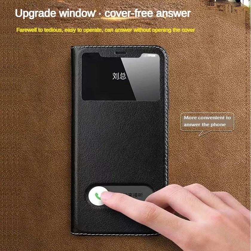 Magnetische Echtleder-Hülle für iPhone 16 Pro Max 17 15 Plus 14 13 12 11 Xs Xr 8 mit Fensteransicht Brieftaschen-Cover Kostenlose Antwort