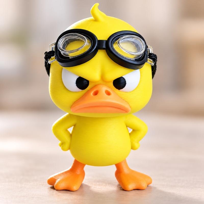3D-Printed Angry Duck Decors, 2 Plastic Goggles-Wearing Figurines with Frowning Expression for Home or Office Desks, Shelves, and Display Cabinets