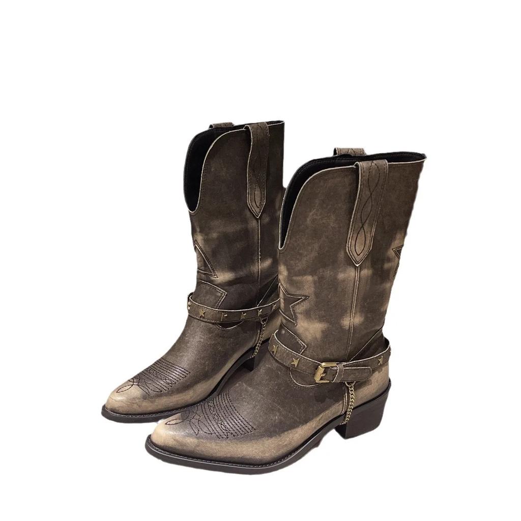 Women's Retro Cowboy Mid Calf Boots Cowboy Square Heels Pointed Toe Platform Women Chunky Heels Western Pointed Toe Metal Botas