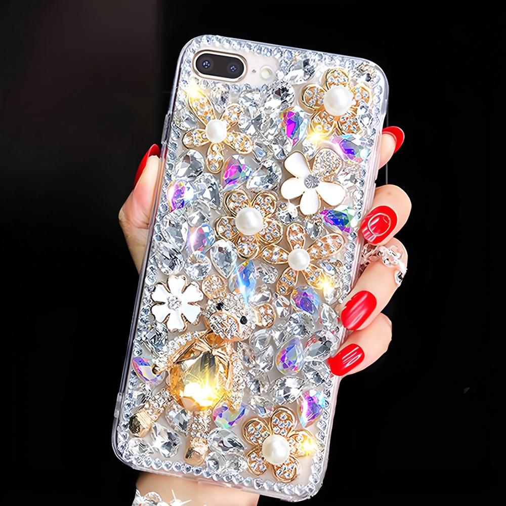 Glitter Rhinestone Phone Case compatible with For iPhone 17 16 15 14 13 12 11 Pro Max Air mini 16e 8 7 Plus X XS XR Crystal Floral Bear Design Cover