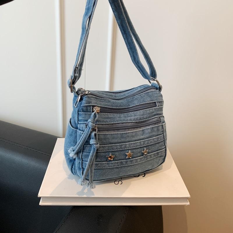 Womens Denim Crossbody Bag Casual Small Shoulder Purse Multi Zipper Handbag for Daily Use