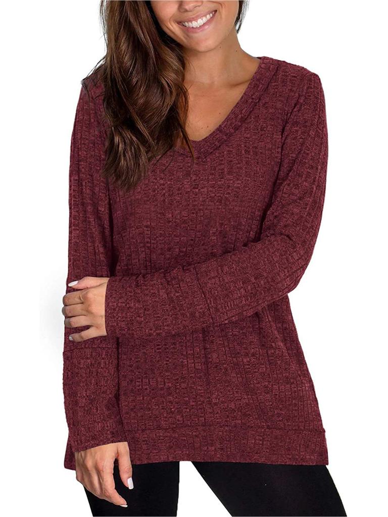 Women T-shirt Long Sleeve Fall Top V Neck Solid Color Casual Loose Blouse Stylish Sweatshirt
