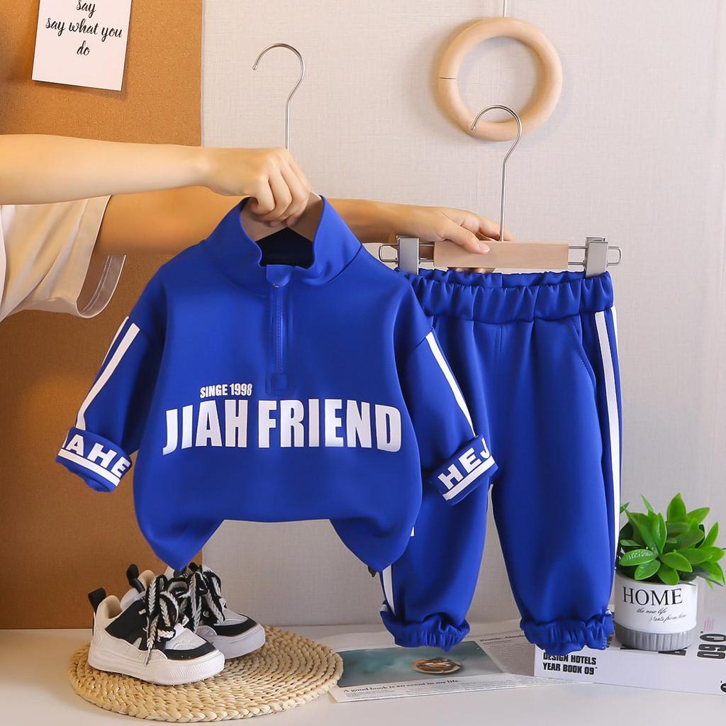 Boys' Long Sleeved 2-piece Set, English Standing Collar Hoodie Set for Children Aged 0-5, Handsome Clothes for Boys