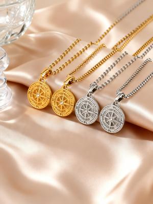 Vintage Classic Compass Pendant Necklaces for Women Men, Hip Hop Fashion Stainless Steel Jewelry Graduation Guide Gift