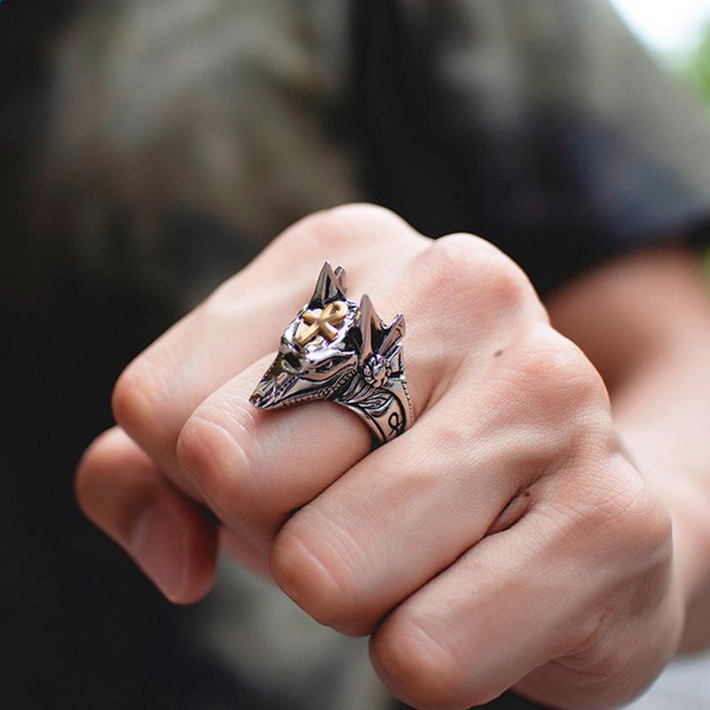 Anillo Símbolo Anubis Egipto Retro Para Hombre Punk Gótico Rock Hiphop Anillo Abierto Hecho a Mano Diseñador Zircón Accesorios Biker Regalo para Amante