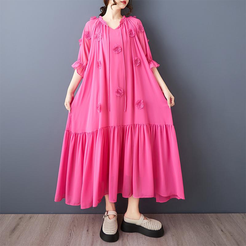 

Dimanaf Новое летнее платье большого размера 2025 для женщин, базовое элегантное повседневное платье с коротким рукавом и плиссировкой, свободное длинное платье One Size розовый