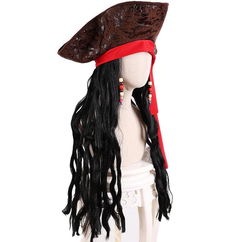 Adult Men's Caribbean Pirate Hat Wig Halloween Stage Performance Pirate Captain Costume Wig Party Accessories Jack Sparrow Wig