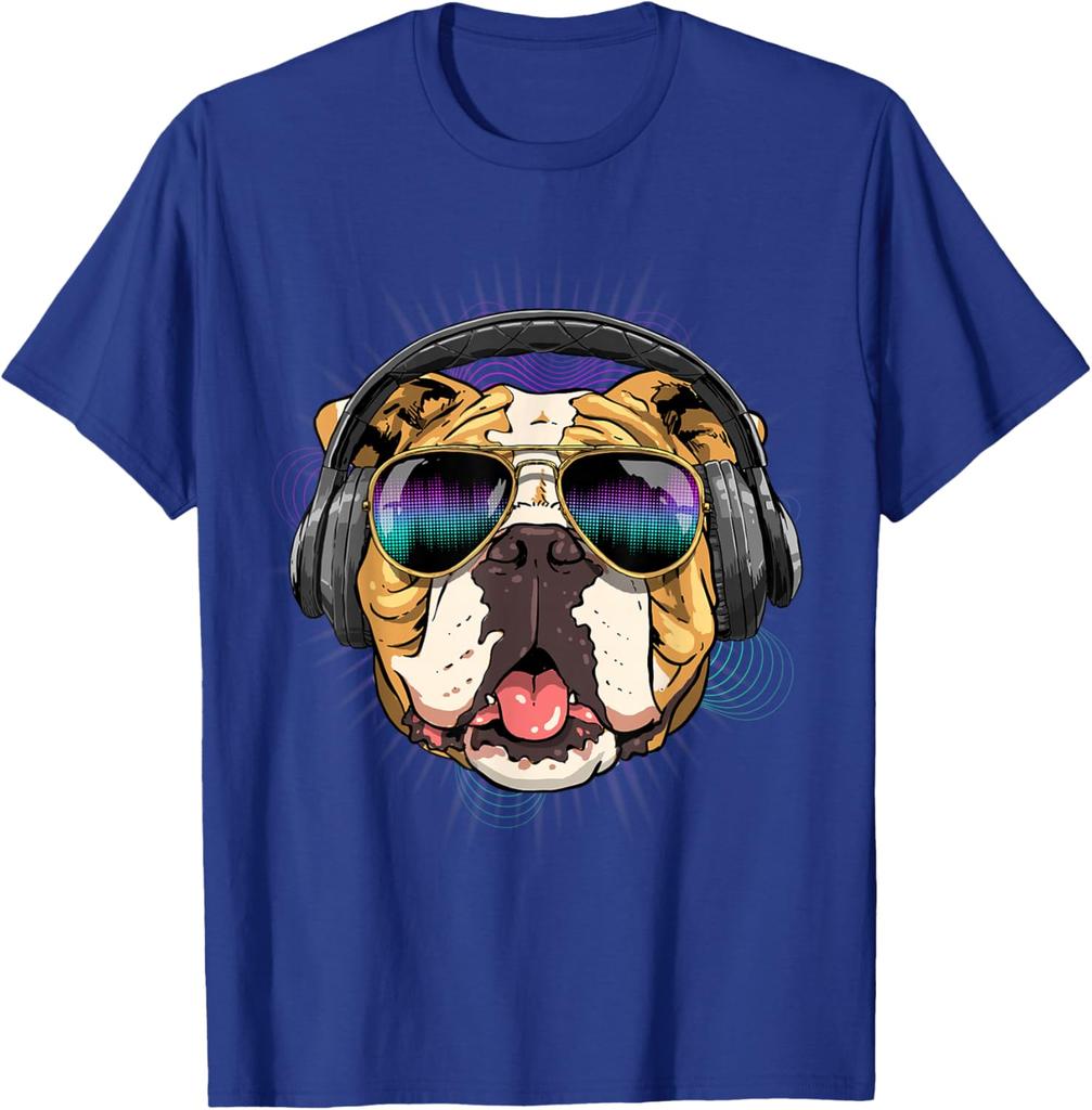 Music Bulldog DJ Headphones Graphic Tee Men Casual Cotton Short Sleeve T-Shirt