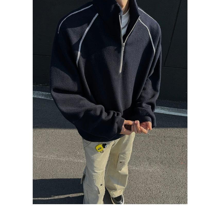 

Полосатый свитер с высоким воротником на молнии для мужчин, весенний чинфит, тяжелая американская короткая куртка, свободный пуловер 2XL чёрный