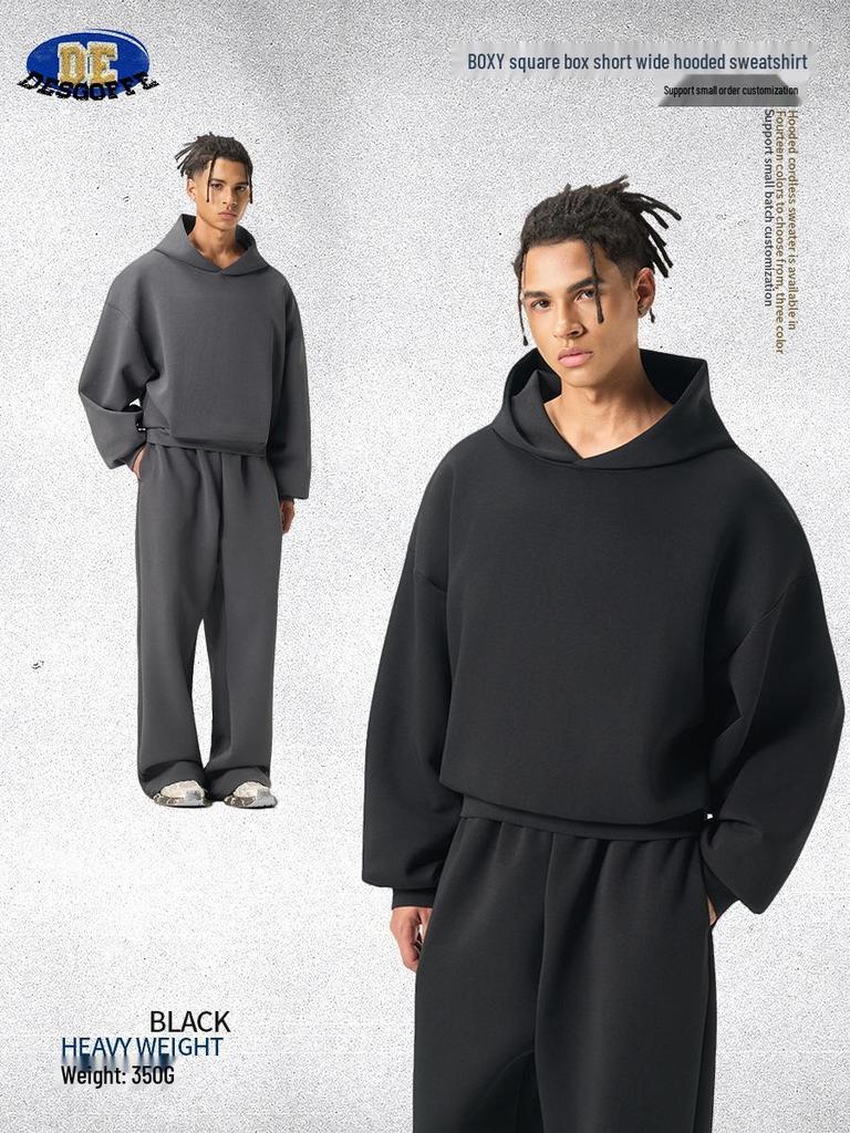 Trendy DE Men's 350G Boxy Hooded Sweatshirt | Wide Fog American Square Hoodie