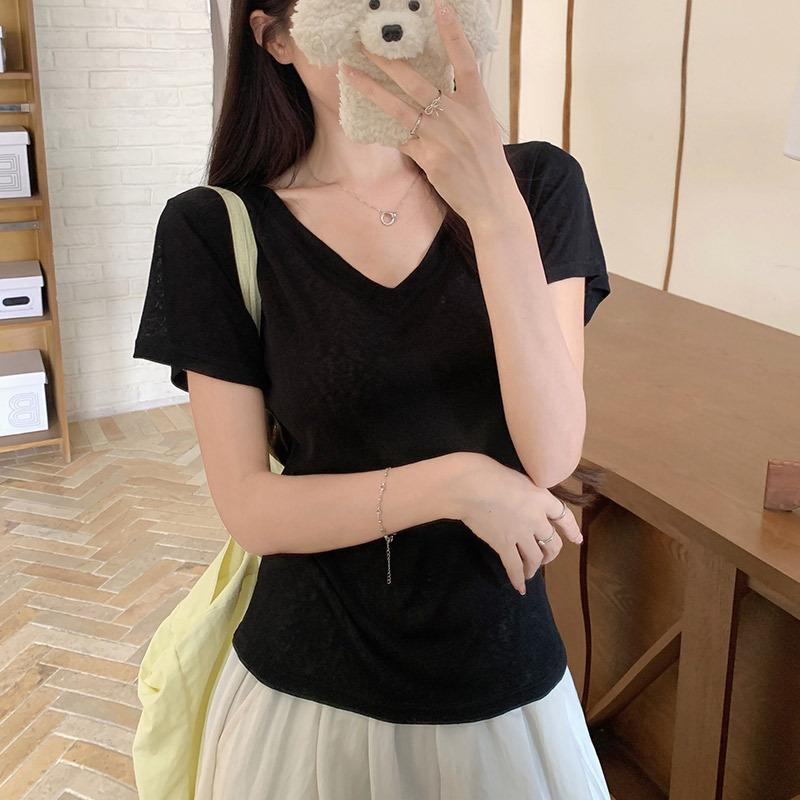 Women s Light Pink Solid V Neck Slim Fit Short Sleeve Basic T Shirt S чёрный