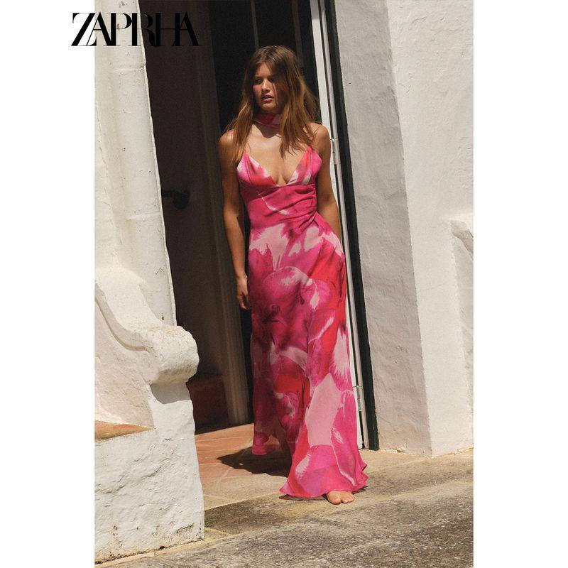 Zaprha 2025 Summer New Women clothes V-neck Thin Scarf Decoration Print Backless Long Dress 3322307