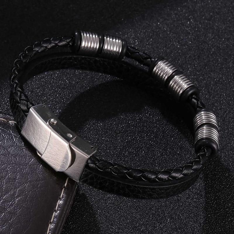 Fine Stainless Steel Jewelry Multi-Layered Men's Black Leather Charm Bracelet HipHop Rock Bangles Christmas Gift