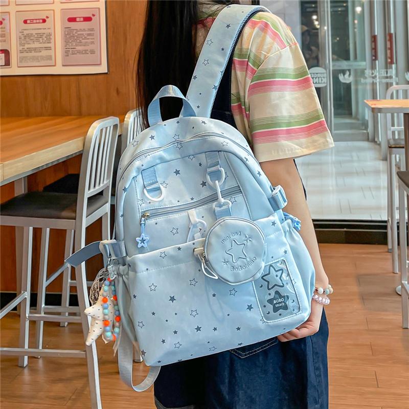 Cute Star Print Backpack with Multiple Pockets and Front Zip Compartment for School and Daily Use