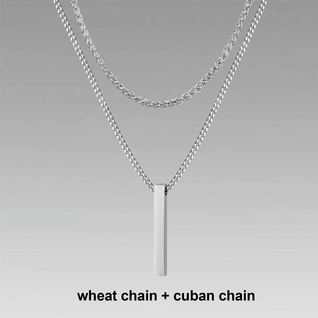 Vnox 3D Vertical Bar Necklaces for Men, Layering Stainless Steel Geometric Pendant, Layered Wheat Rope Cuban Chain, Boy Collar