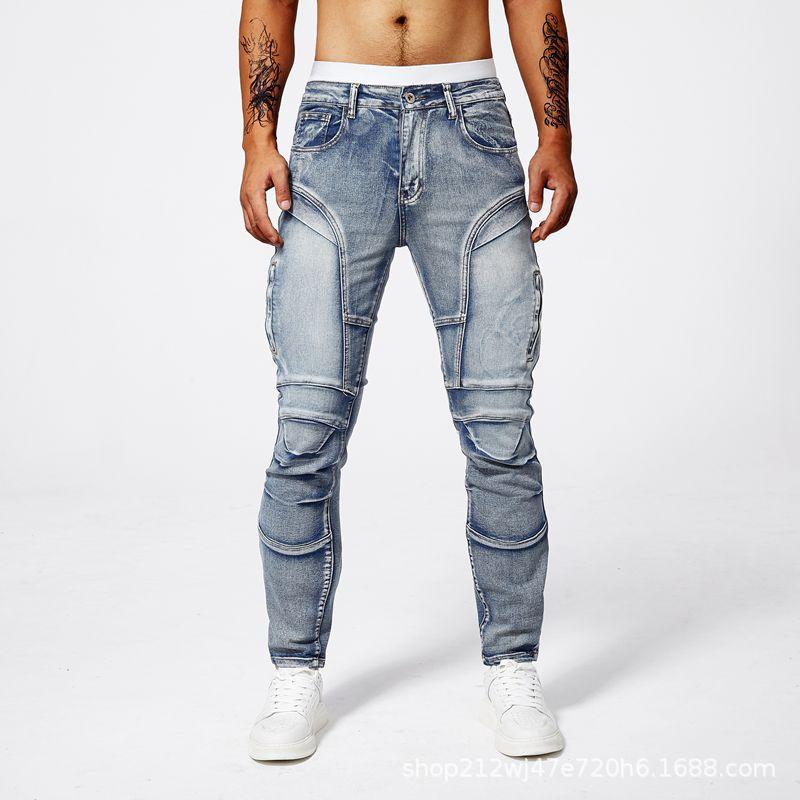 Jeans in stile motociclista da uomo, moda street europea, jeans skinny elasticizzati slim-fit, jeans dritti da uomo