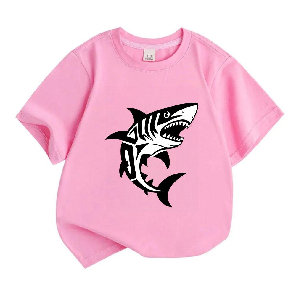 Kids Boys Girls 100% Cotton Crew Neck Short Sleeve T-Shirt, Cool Tribal Style Great White Shark Print Casual Summer Tees for Little Children Daily Wea