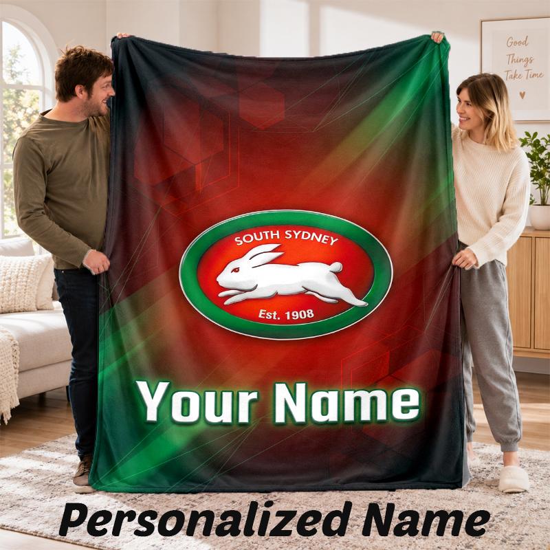 South Sydney Rabbitohs Personalized Flannel Blanket Custom Name Text Soft Throw Blanket Home Decor