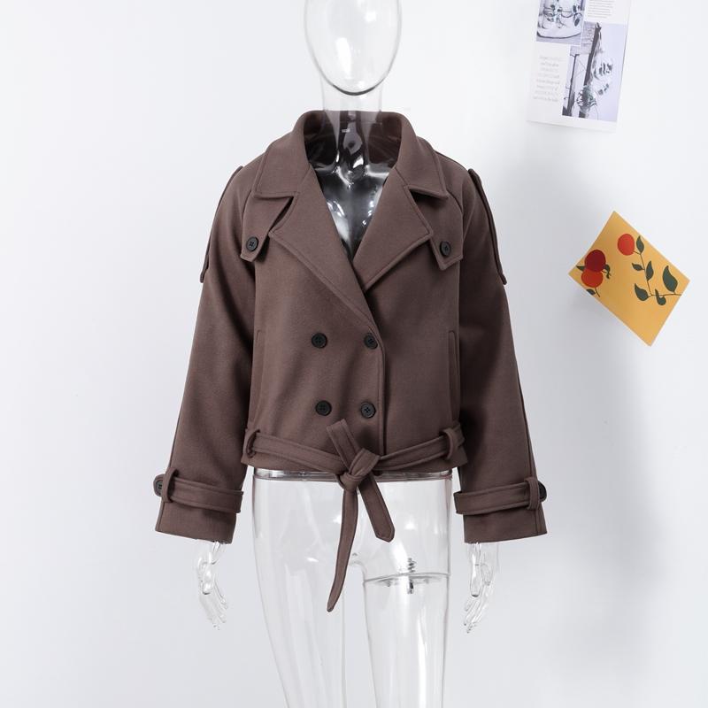 

Solid Color Double Breasted Women Coat Lapel Long Sleeve Pocket Female Short Blazer Jacket 2026 Spring Autumn Office Lady Outerwear S коричневый