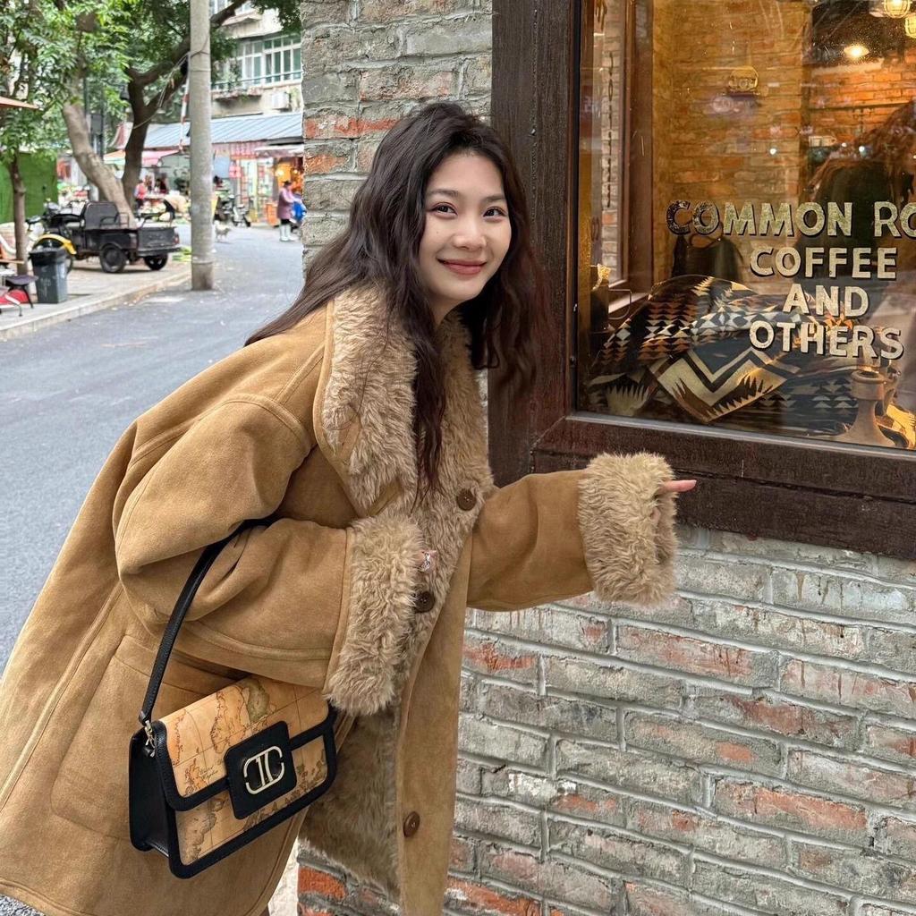 2025 A/W Women's Two-Way Shearling Lambswool Biker Jacket: Loose, Thickened Suede Furry Coat