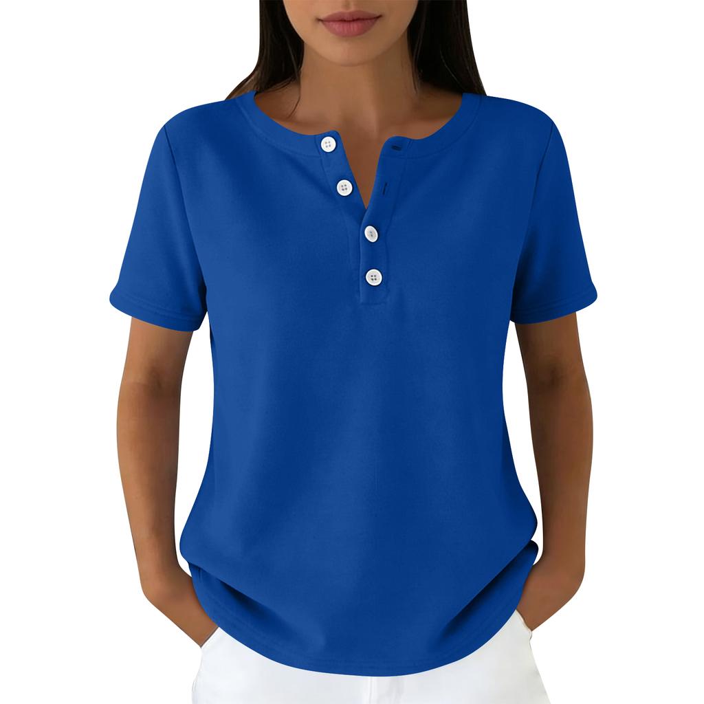 Lässiges Damen-T-Shirt in verschiedenen Farben, V-Ausschnitt, kurzen Ärmeln und Zierknöpfen.