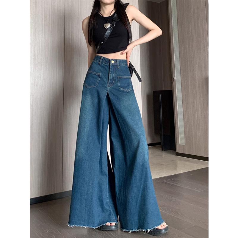 

Джинси мікрокльош з високою посадкою великого розміру з необробленим краєм - Жіночі осінні вільні штани, що стрункішать, з широкими штанинами, ретро, довжиною до підлоги 5XL