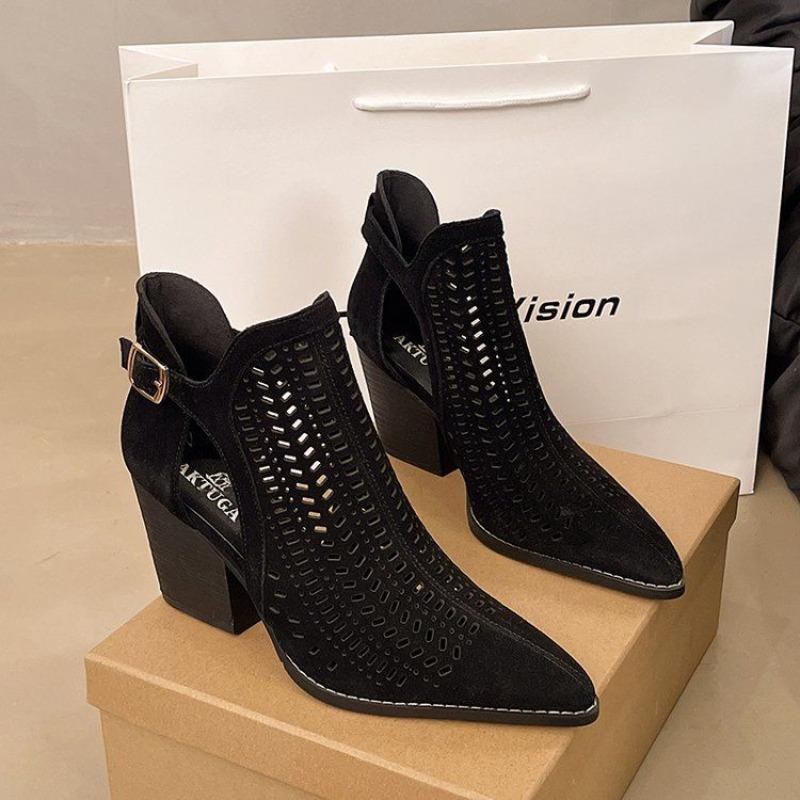 New Retro Pointed Toe Chunky Heels Hollow Women's Pump Sandals Flock High Heels Buckle Office Lady Women Shoes Summer Boot