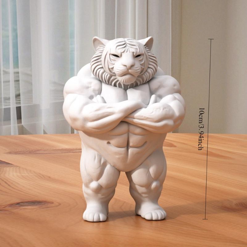 

S-1Pc White Muscular Cat Capybara Cow And Tiger Statues Set Durable Plastic Home Decorations for Living Room Perfect Gift