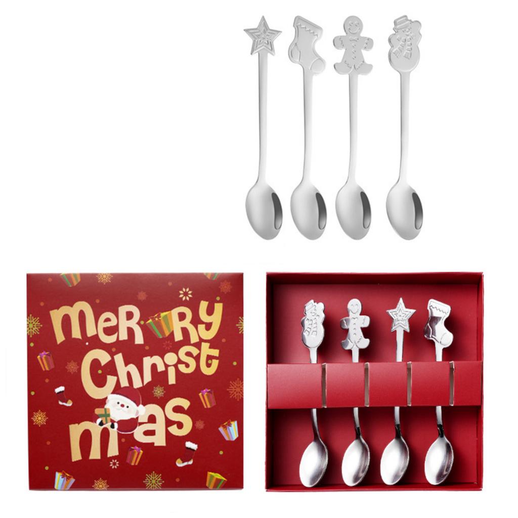 4pcs Christmas Spoon Set Hot Chocolate Stirring Creative Stainless Steel Coffee Tea Soup Dessert For Drink Mixing Milkshaking