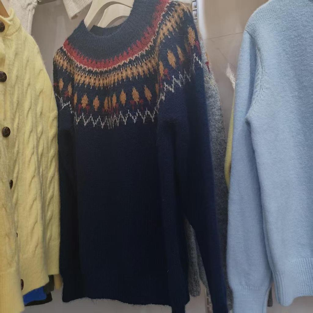 Navy Blue Fair Isle Knit Mohair Sweater for Women - Autumn/Winter Korean Style Christmas Atmosphere Loose Fit