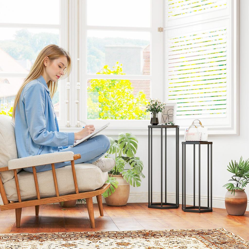 Set of 2 Plant Stands for Indoor and Outdoor Use, Hexagonal Metal Flower Pot Holders for Garden, Patio, Balcony