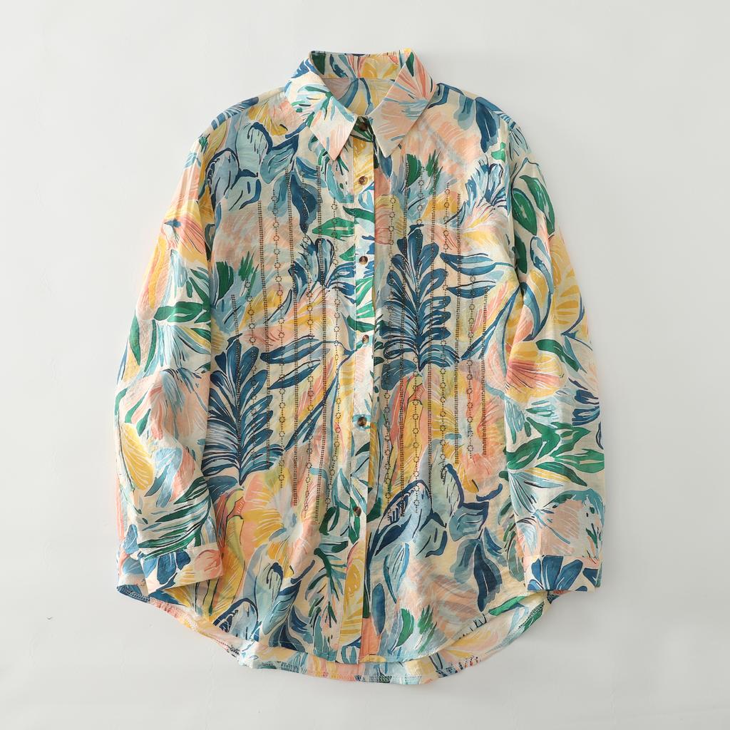 DIMANAF 2026 Neues Sommer Damen Übergröße Oberteile Hemden Lässig Locker Bluse T-Shirts Druck Blumenmuster Langarm Knopf