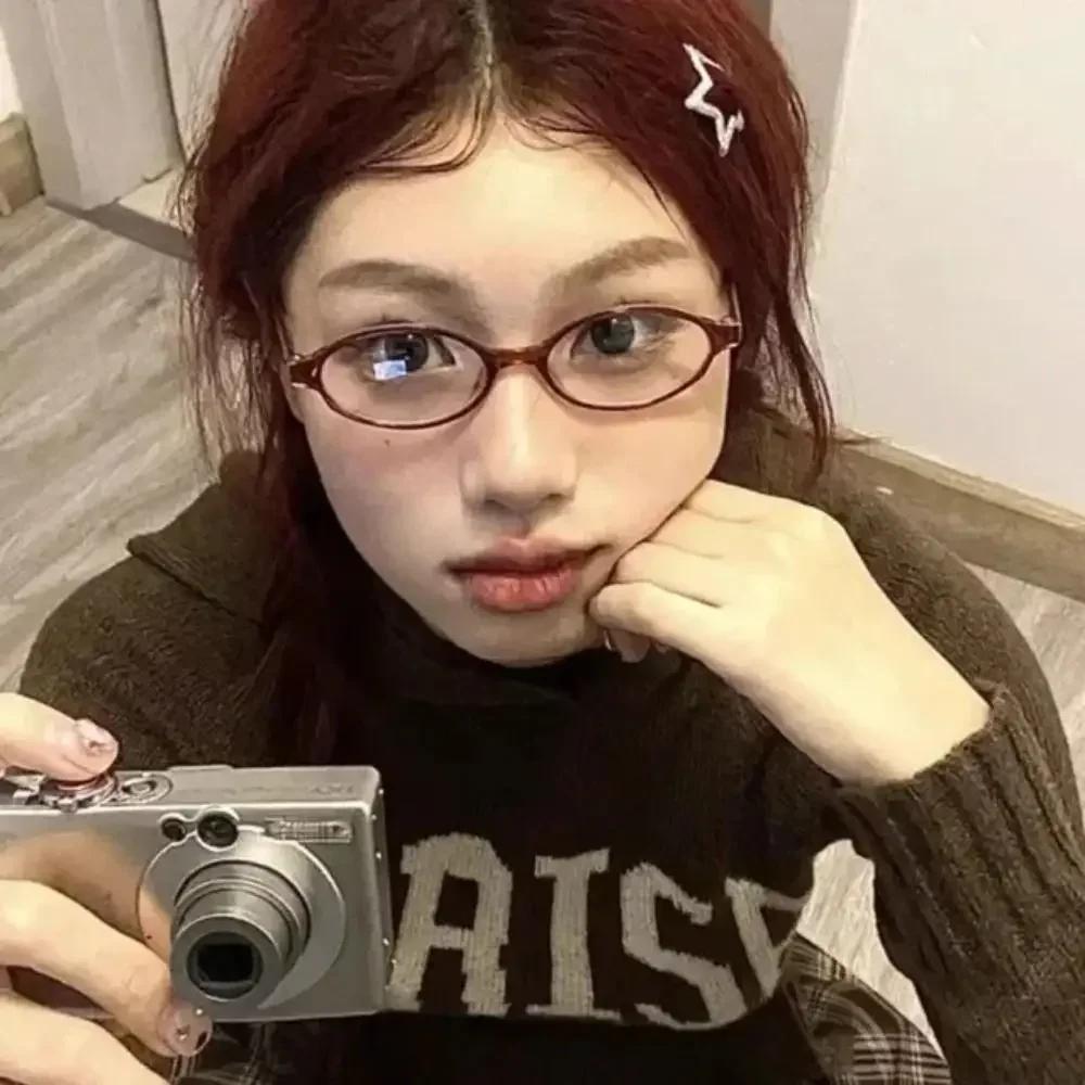 New Y2K Oval Frame Anti-Blue Light Glasses Girls Fashion Retro Cat Eye Narrow Spectacles Small Plain Computer Reading Goggles