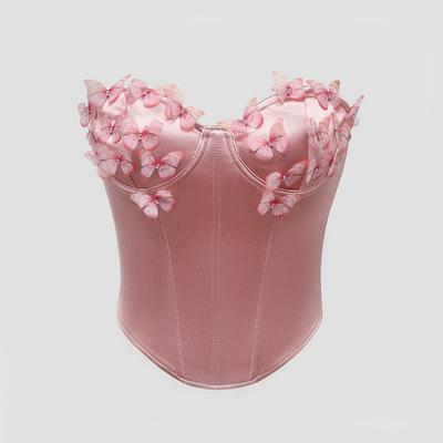Pink 3D Butterfly Satin Corset Top Strapless Sweetheart Bustier Crop Top