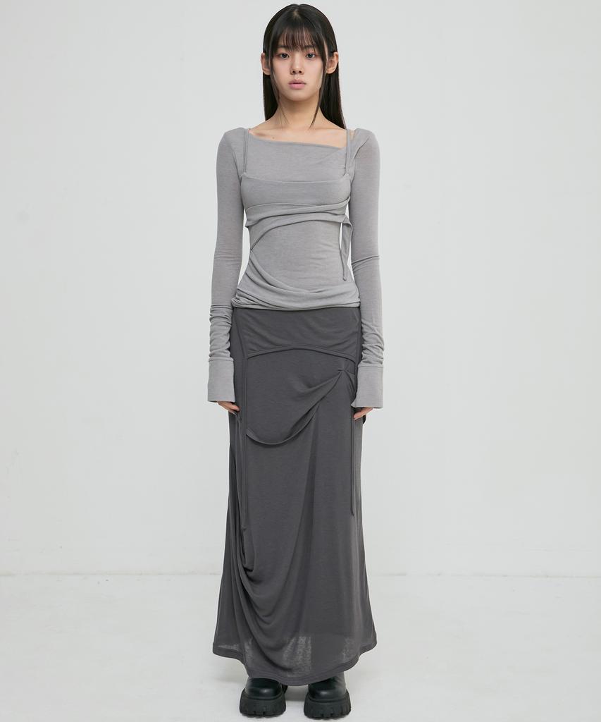 Peulleeoeob Asymmetrical Draped Long Skirt (Fl-263_Dark Gray)