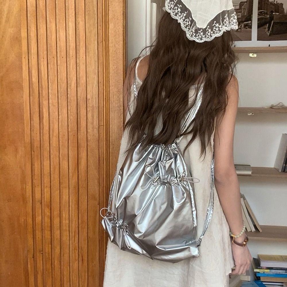 Korean Style Nylon Ruched Backpack Fold Silver Shoulder Bag Fashionable Drawstring Backpack  Travel