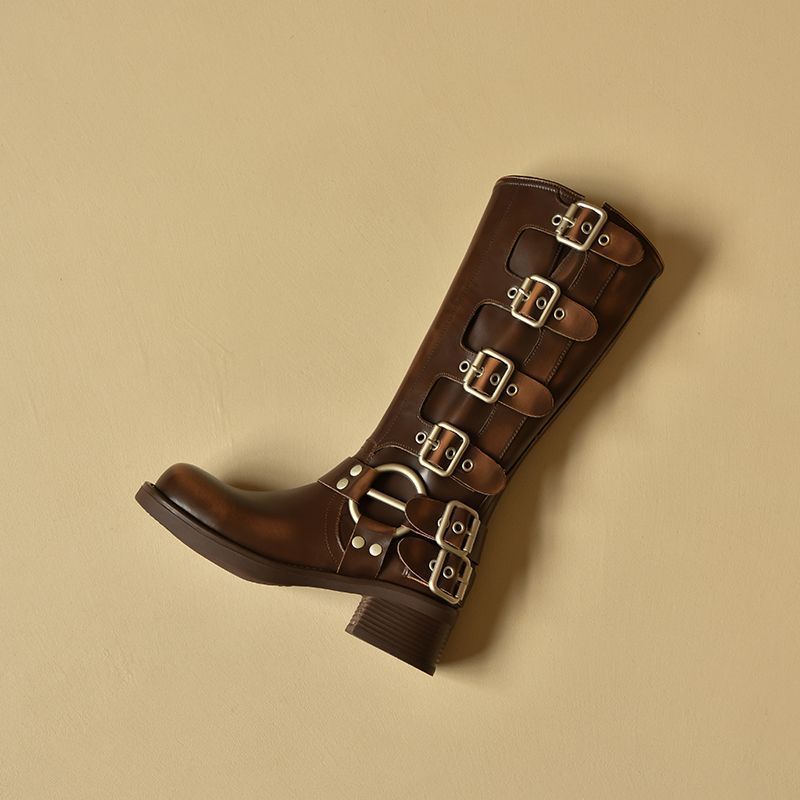 Fashion Square Toe Middle Heel Leather Women's Long Boots Autumn Winter Fleece-Lined Ladies Knee High Shaft Shoes Y2k Goth Footwear Sale