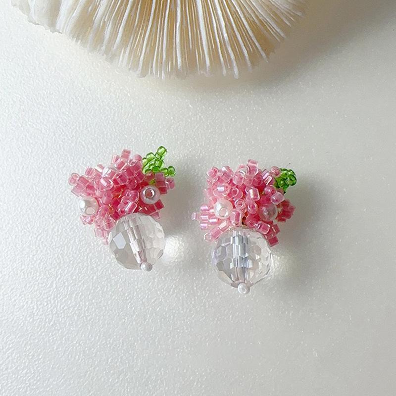 Resin Pearl Rice Bead Round Flower Cluster Earrings Sweet and Fresh Niche Earrings Fashion Versatile Temperament Earrings