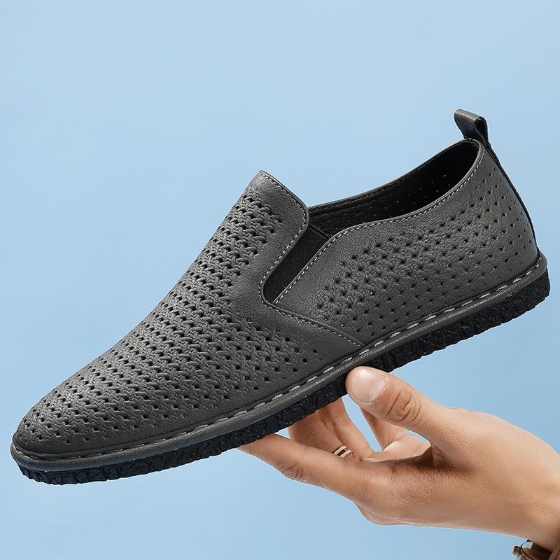 Fashion Summer Mens Punching Leather Loafers Shoes Non Slip Walking Flats Breathable Outdoor Casual Shoes Male Work Office Driving Shoes