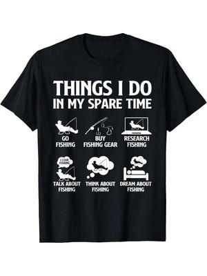 Men's "Things I Do In My Spare Time" Fishing Graphic T-Shirt - 100% Cotton, Crew Neck, Short Sleev Autumn and Winter Innerwear