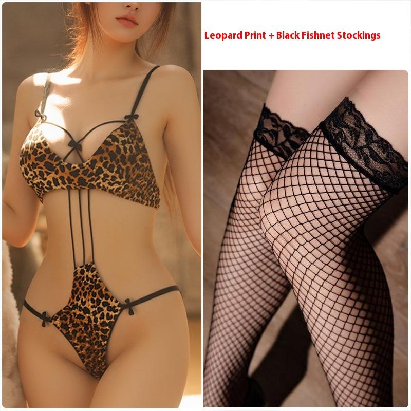 Sexy Tight Onesie Hollow Strap Leopard Print Three-point Female Passion Free Flirting Pure Desire Teasing Lingerie