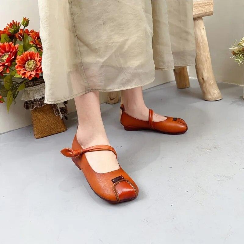 Johnature Genuine Leather Mixed Colors Flats Retro Versatile Shallow Soft Sole Handmade Women Shoes