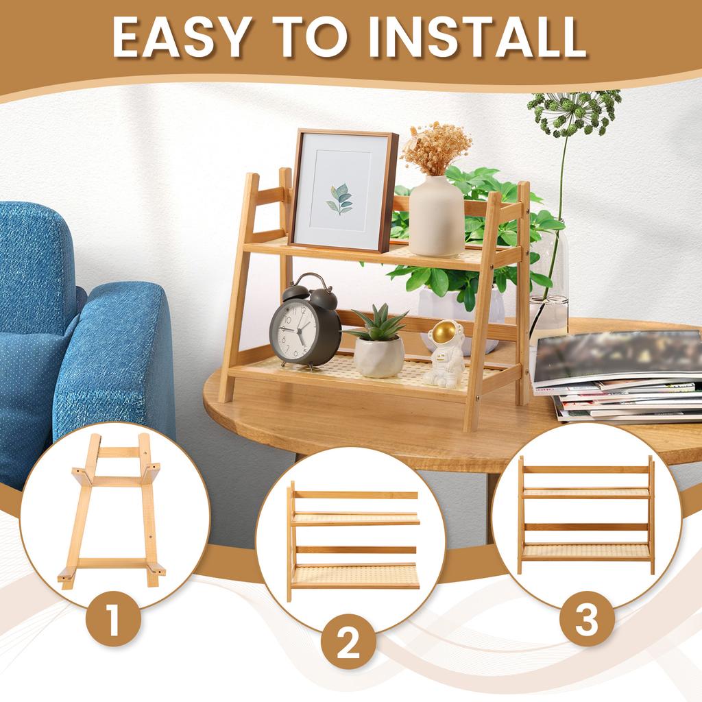 2-Layer Countertop Organizer Bamboo Coffee Cup Holder Multipurpose Condiment Grocery Storage Shelf for Home Kitchen Office