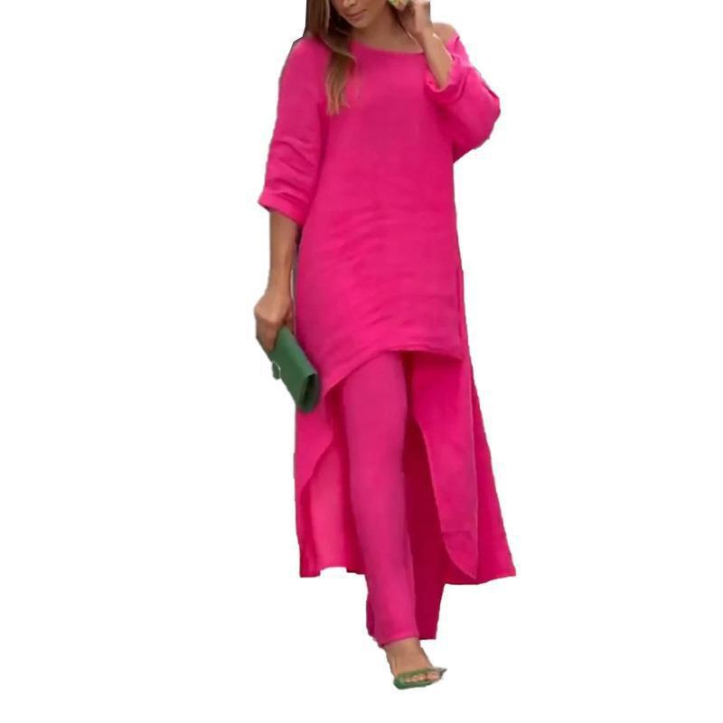 Womens 2026 Elegant Wide Leg Pant Set Loose Fit Solid Color Casual Office Wear Long Sleeve T-Shirt Trousers Ensemble Size S M L
